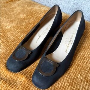 Salvatore Ferragamo Black Suede Low Heels Women's Shoes size 6.5